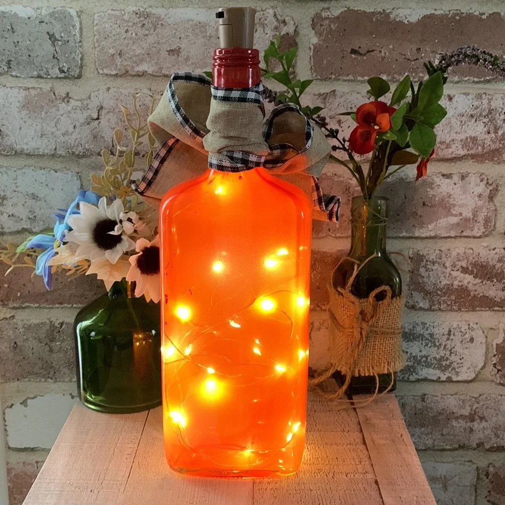Hand Crafted Red BBQ Bottle Lantern with Burlap Bow